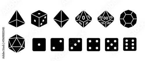 Collection of different polyhedral dice shapes and standard six-sided dice faces used in tabletop games.