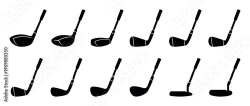 Golf club set silhouette icons representing various types of clubs used in the sport of golf.