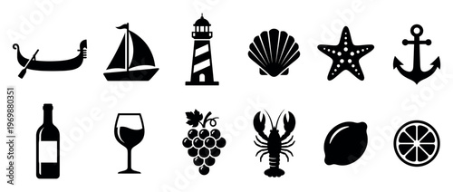 Vector icons illustrating travel, sea, and food elements, presented as a diverse set of black silhouettes.
