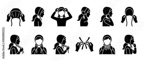 Woman putting on a bonnet step-by-step process icon set, showing how to wear and tie a traditional head covering.