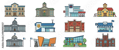 Public service buildings collection featuring various community structures like schools, hospitals, police stations, and government offices in a colorful doodle style.