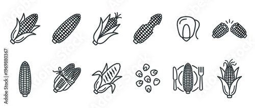 Corn icons set featuring various illustrations of maize cobs, kernels, and prepared corn for food and agriculture concepts.