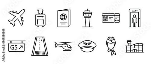 Airport travel aviation icons set featuring airplane, luggage, passport, control tower, boarding pass, security scanner, gate, runway, helicopter, pilot, and flight attendant.