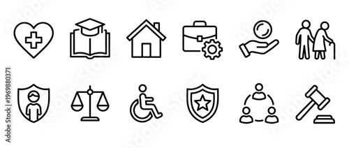 Collection of outline icons representing social protection, human rights, legal services, and public welfare concepts in a modern style.