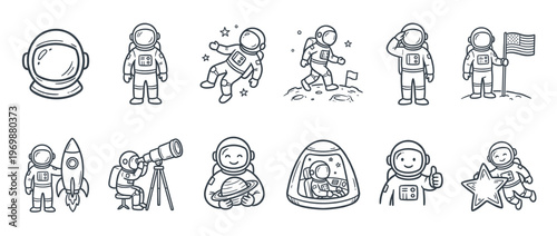 Cute cartoon astronaut characters exploring space and universe in various poses and activities, line art vector illustration.