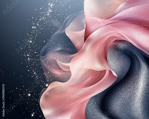 Elegant Pink and Silver Abstract Background with Glistening Particles and Swirling Fabric Texture