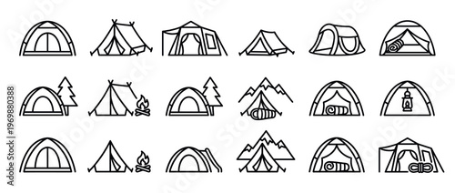 Camping tents and outdoor adventure icons set featuring various tent styles, campfires, mountains, and essential gear for nature exploration.