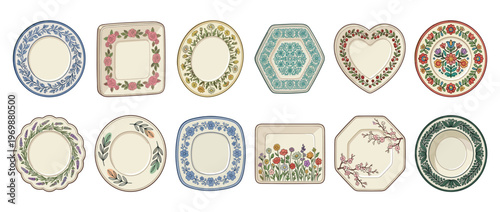 Collection of decorative plates featuring diverse floral patterns and unique shapes, ideal for home kitchen decor.