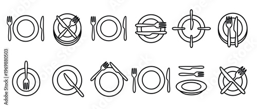 Dinnerware, cutlery, and plate line art icons collection illustrating various dining etiquette and restaurant symbols.