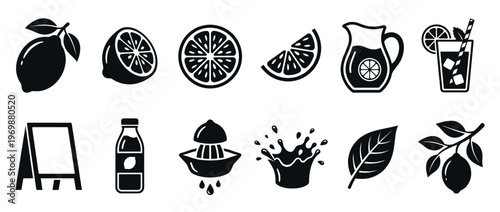 Lemon and lemonade icons set featuring various citrus fruits, beverages, and related elements in a clean graphic style.