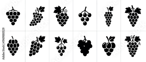 Grape icons collection featuring various black silhouette designs for wine, fruit, and vineyard themes.