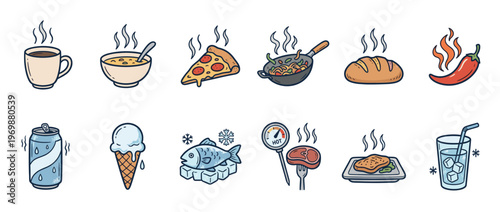Collection of hot and cold food and drink illustrations representing temperature differences in cuisine and culinary experiences.