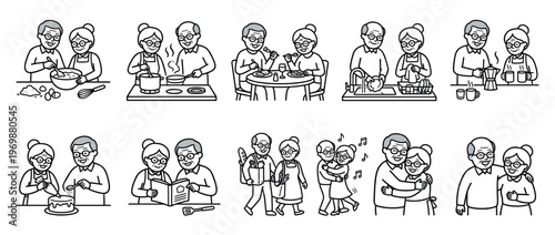 Elderly couple enjoying various daily activities together, illustrating their happy and active senior lifestyle and enduring love.