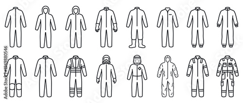 Protective suits, coveralls, and hazmat clothing icons depicting various types of safety and industrial personal protective equipment for different occupations and hazards.