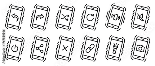 Smartphone function line icons set featuring various mobile application symbols like undo, redo, shuffle, sound, mute, power, share, link, flashlight, and camera in a vibrating style.