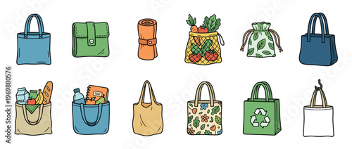 Collection of various reusable bags for shopping and everyday use, promoting eco-friendly and sustainable lifestyle choices with diverse designs.
