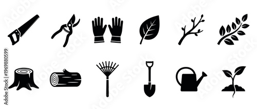Gardening tools and nature elements icon set featuring various equipment for horticulture and plant care activities.