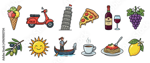 Italian symbols, food, and travel icons collection featuring traditional cuisine, famous landmarks, and cultural elements in a cartoon style.