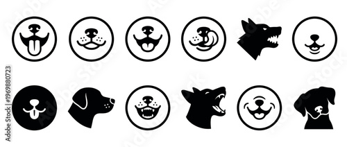 Dog faces and muzzles icons in various styles representing different expressions and breeds for pet-related designs.