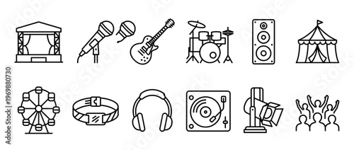 Music concert festival event icons set featuring various entertainment elements like stage, instruments, sound equipment, and audience symbols in outline style.