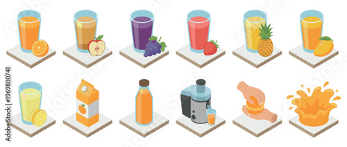 Fruit juices and fresh drinks collection showing various healthy beverages, fruits, and the juicing process in isometric illustration style.