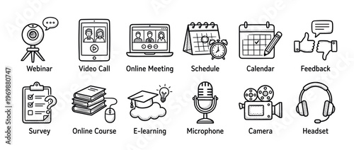 Doodle icons representing online communication, e-learning, and productivity tools for virtual meetings, courses, and scheduling.
