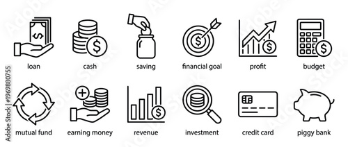 Comprehensive collection of financial icons representing various money management concepts like saving, investment, profit, and budgeting for business and personal finance.