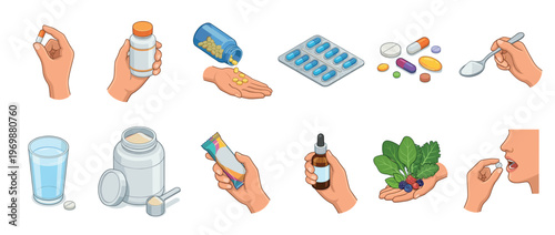 Pills, supplements, and healthy nutrition items for daily wellness and medical treatment in a comprehensive collection.