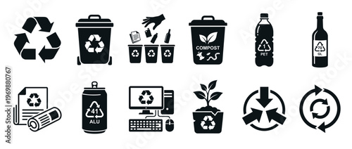 Recycling and waste management icons collection illustrating environmental sustainability, waste sorting, and eco-friendly practices for a greener planet.