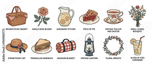 Collection of vintage picnic items including food, drinks, flowers, and accessories for a charming outdoor summer gathering illustration.