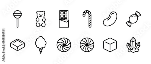 Sweet candies confectionery sugar treats line art icons set featuring various delicious desserts and sugary snacks for design elements.
