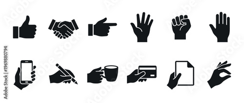 Diverse collection of hand gestures and hands holding various objects, representing common actions and interactions.
