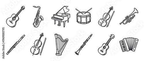 Musical instruments collection featuring various string, wind, percussion, and keyboard instruments in a hand-drawn sketch style.