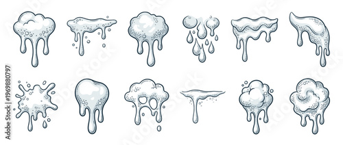 Cartoon foam suds and dripping liquid bubbles collection with various shapes and textures, perfect for hygiene and cleaning concepts.