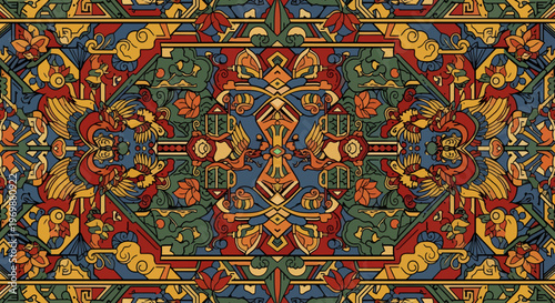 Vibrant colorful ornate textile pattern design.