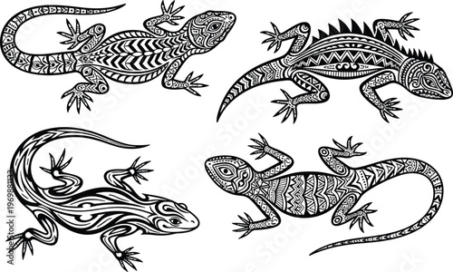 Black and white ornamental illustration of four lizards decorated with geometric tribal patterns, showcasing artistic symmetry, detailed linework, and creative reptile design