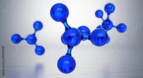 Transparent blue molecular structure models float gracefully above a reflective surface, symbolizing scientific research, technology, and biotechnology innovations