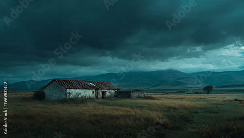Gloomy landscape of an abandoned farm