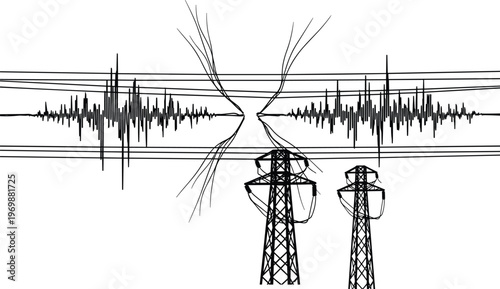 Abstract Illustration of Electrical Power Lines with Transmission Towers and Oscilloscope Waveforms Representing Energy Grid Connectivity, Voltage Signals, and Industrial Infrastructure