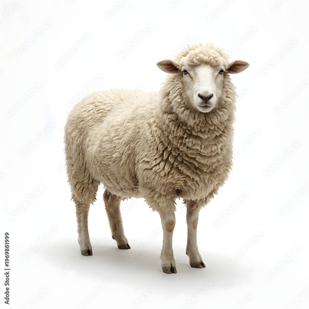 Fototapeta premium A fluffy domestic sheep with a thick wool coat stands calmly, looking forward on a pristine white background, embodying the tranquility of farm animals