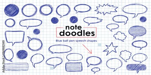 A collection of hand drawn blue ball pen speech bubble doodles for various creative design needs