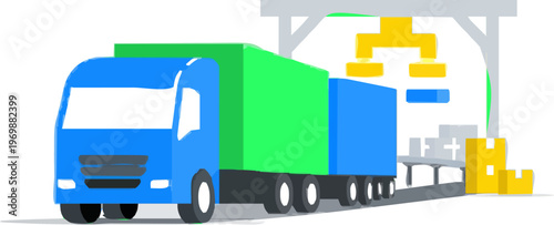A professional flat vector illustration depicts a smart logistics concept featuring self-driving trucks and automated sorting arms in a clean warehouse setting with a bright optimistic color palette