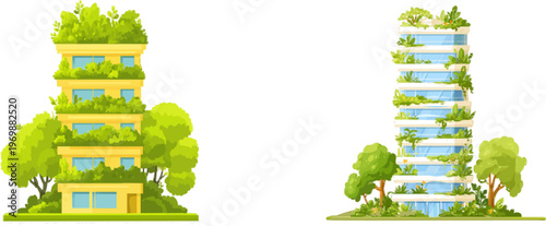 This flat vector illustration depicts an eco-friendly skyscraper adorned with 