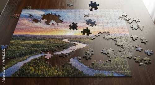 A partially completed jigsaw puzzle depicting a serene landscape with a river, forest, and sunset sky. The puzzle pieces are scattered around the edges,