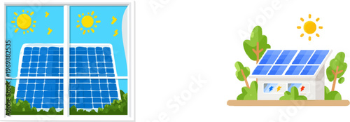 A flat vector illustration depicts transparent solar panels integrated into a skyscraper window, glowing with energy icons against a vibrant blue sky backdrop, symbolizing sustainable green technology