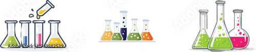 A flat vector scene depicts a chemistry experiment with colorful liquids bubbling in glass flasks and test tubes against a sharp-edged, high-contrast background