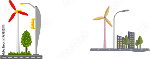 A minimalist urban scene features a vertical wind turbine integrated into a streetlight, blending eco-friendly technology with modern city design