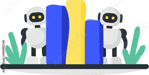 In this futuristic library, digital book projections and robotic librarians create an atmosphere of quiet efficiency and advanced technology