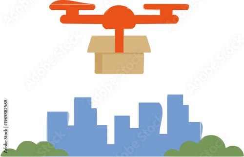 A sleek red drone hovers above an urban skyline, delivering a small cardboard package amidst a minimalist cityscape under a vibrant blue sky