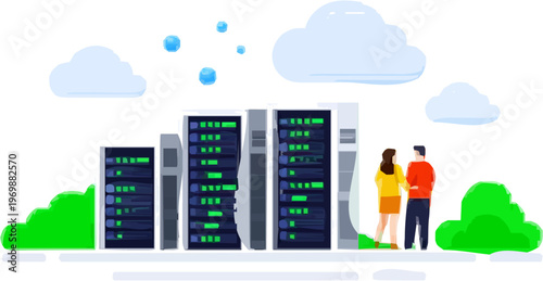 In this futuristic server farm, sleek servers stand tall amidst abstract pipes and bubbles, bathed in a cool blue and silver palette, symbolizing advanced technology and sustainable cooling solutions